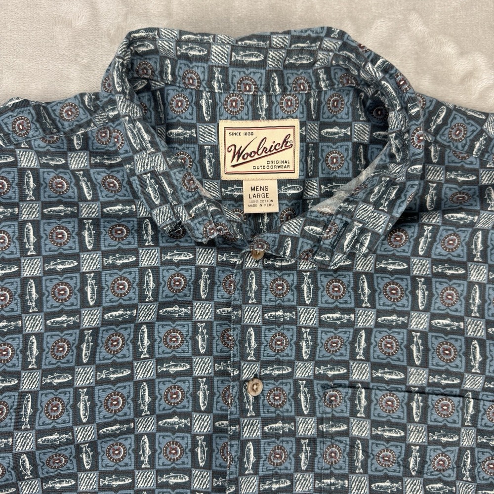 Woolrich Fish Fishing Print All Over Button‎ Down Cotton Flannel AOP Shirt Sz L